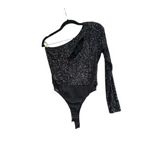 Fashion Nova One Shoulder Sequin Bodysuit in Black